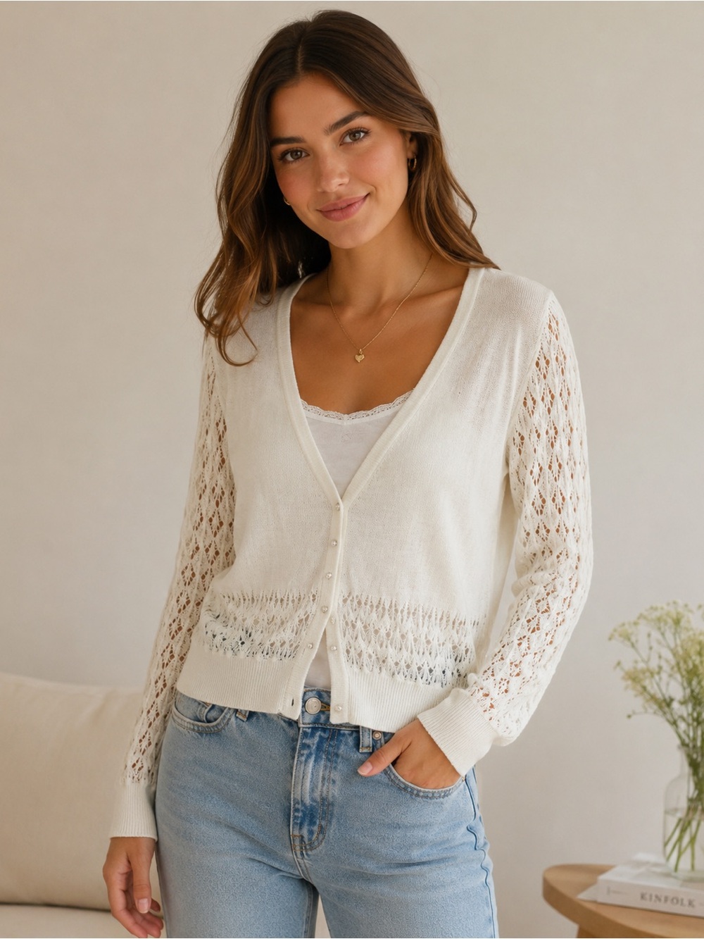 Vtg Victoria’s Secret Pointelle Pearl Button Cardigan Ivory M Coquette Feminine
